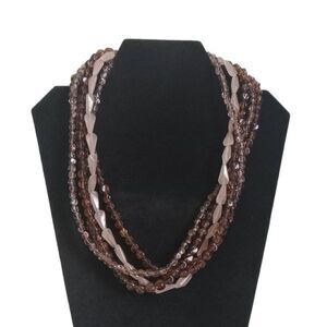 Brown & Pink Multiple Strand Transparent Glass Beaded Layered Statement Necklace